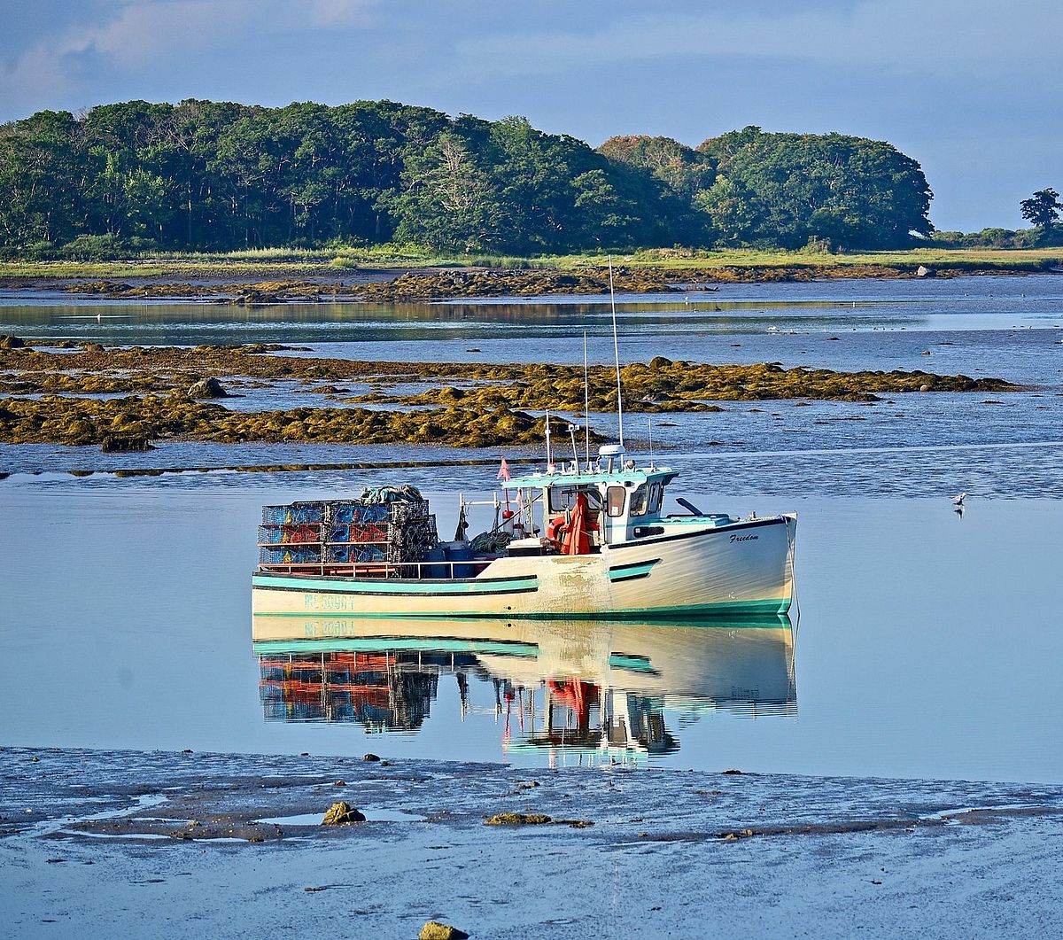 Freedom moored in Cape Porpoise Harbor, Photo by Bob Dennis